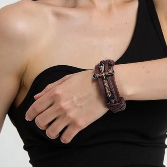 Black Leather Bracelet with Cross - Picture 3 of 5